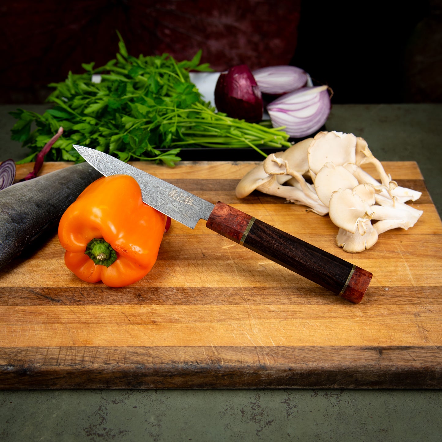 Hand Made 110 Layer Damascus Steel knife with a Black Walnut & Burl Wood Handle