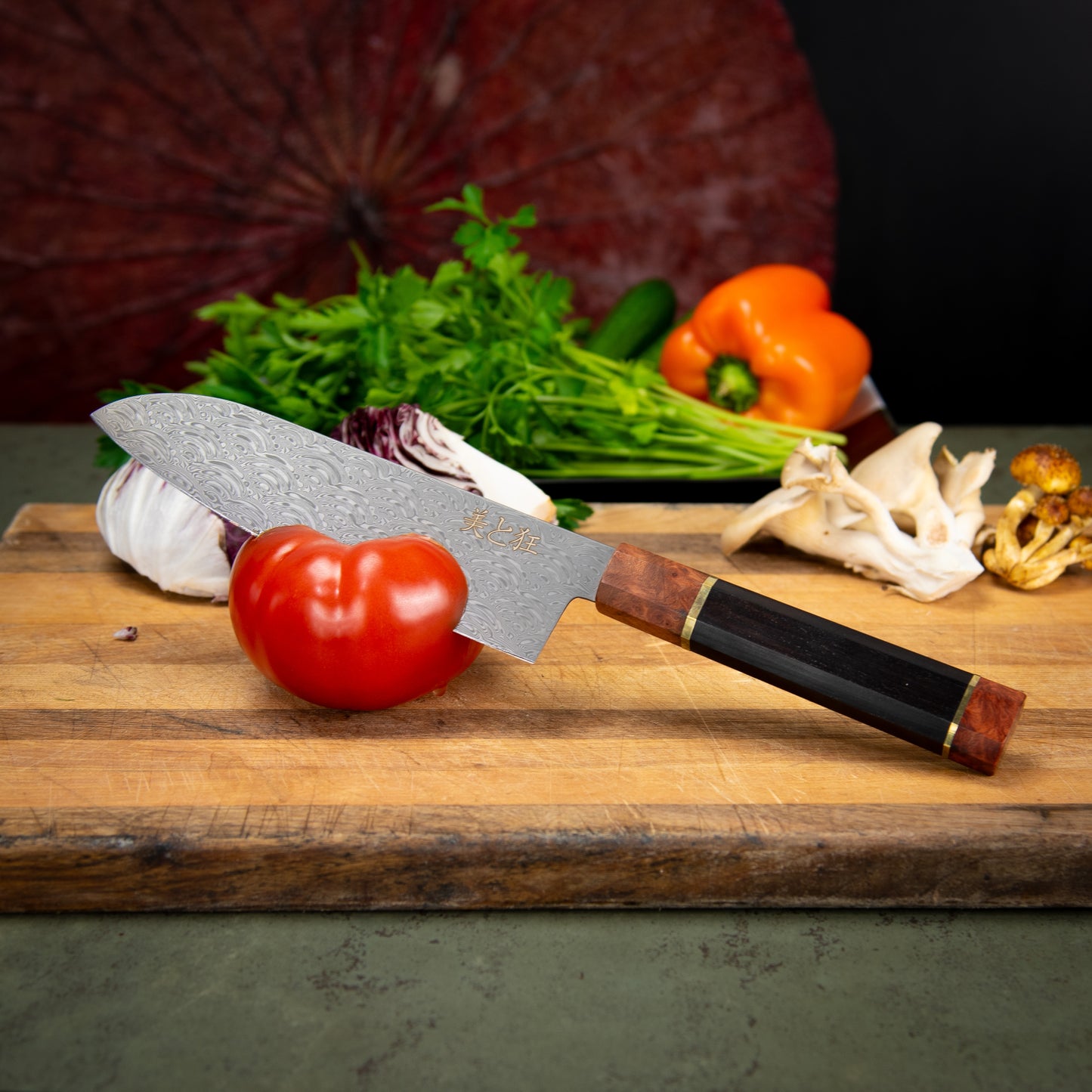 Hand Made 110 Layer Damascus Steel knife with a Black Walnut & Burl Wood Handle