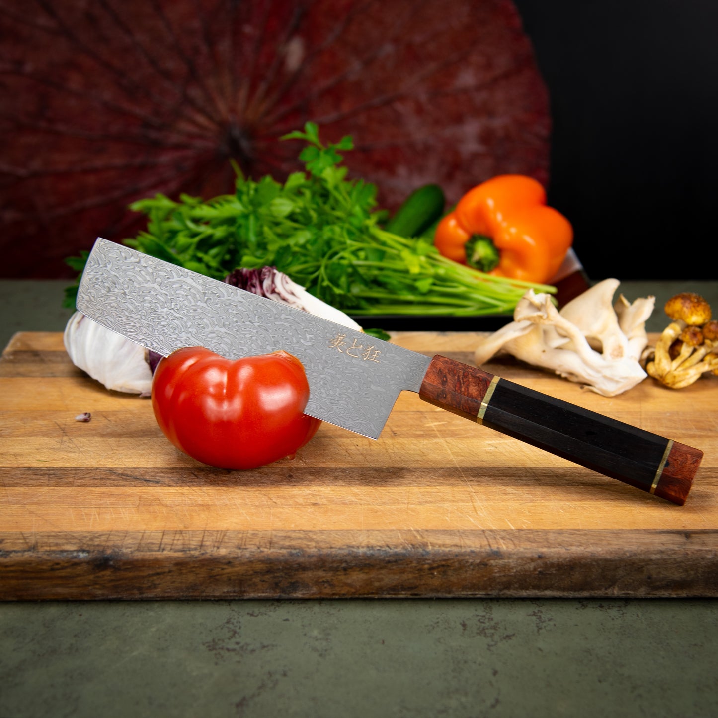 Hand Made 110 Layer Damascus Steel knife with a Black Walnut & Burl Wood Handle