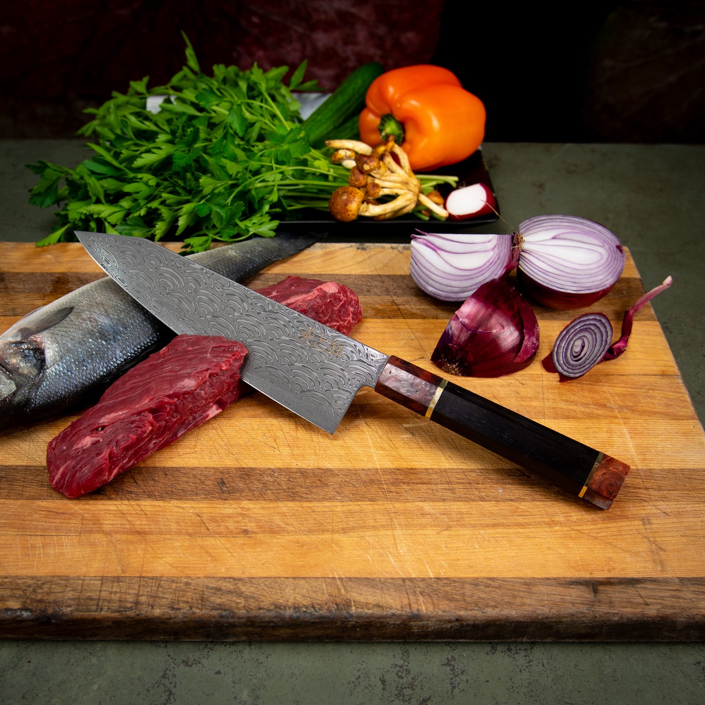 Hand Made 110 Layer Damascus Steel knife with a Black Walnut & Burl Wood Handle