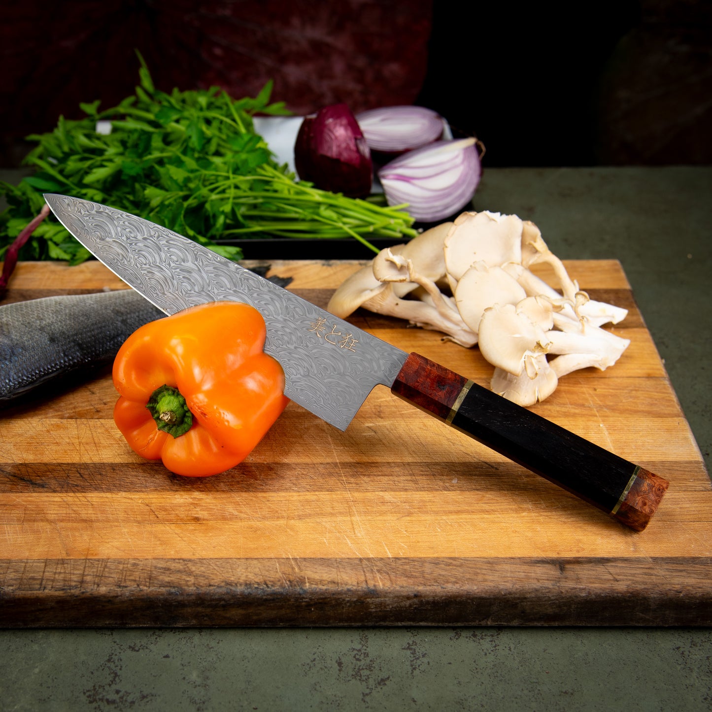 Hand Made 110 Layer Damascus Steel knife with a Black Walnut & Burl Wood Handle