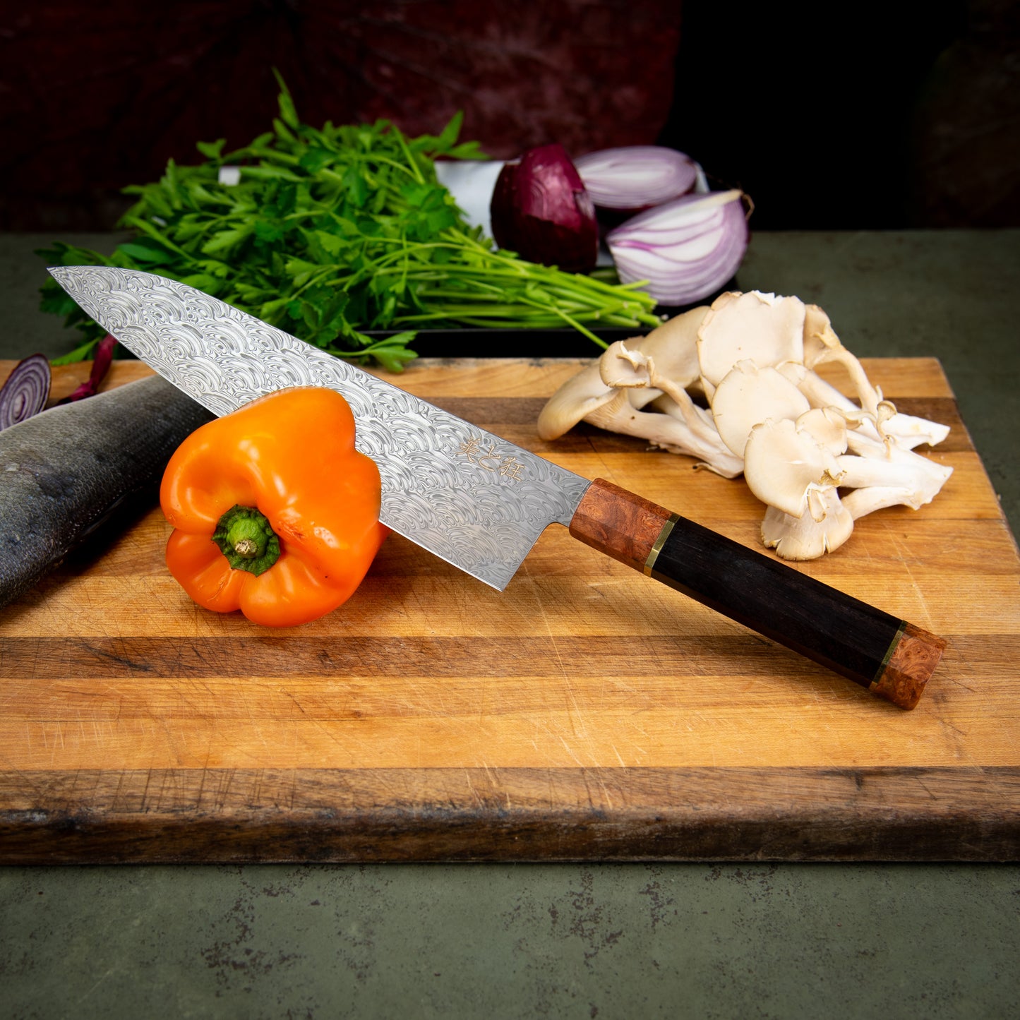 Hand Made 110 Layer Damascus Steel knife with a Black Walnut & Burl Wood Handle