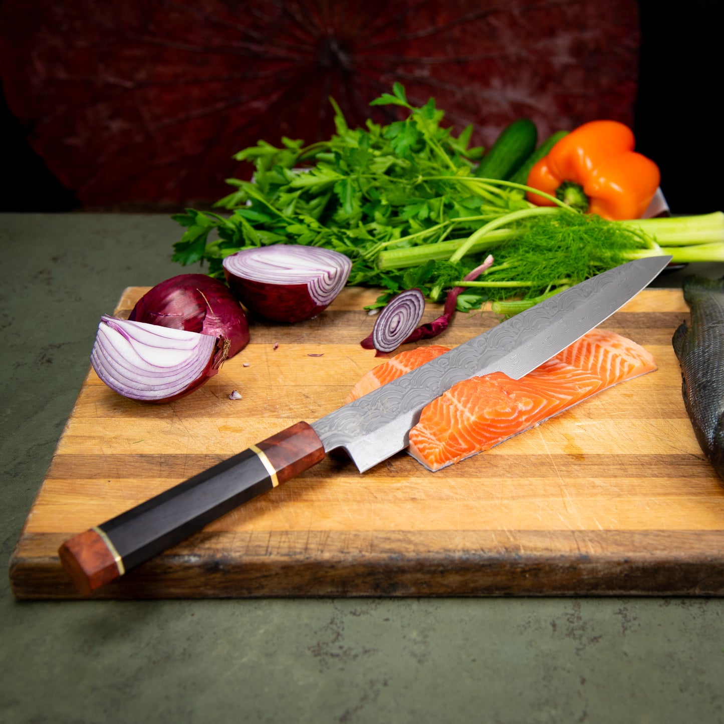 Hand Made 110 Layer Damascus Steel knife with a Black Walnut & Burl Wood Handle