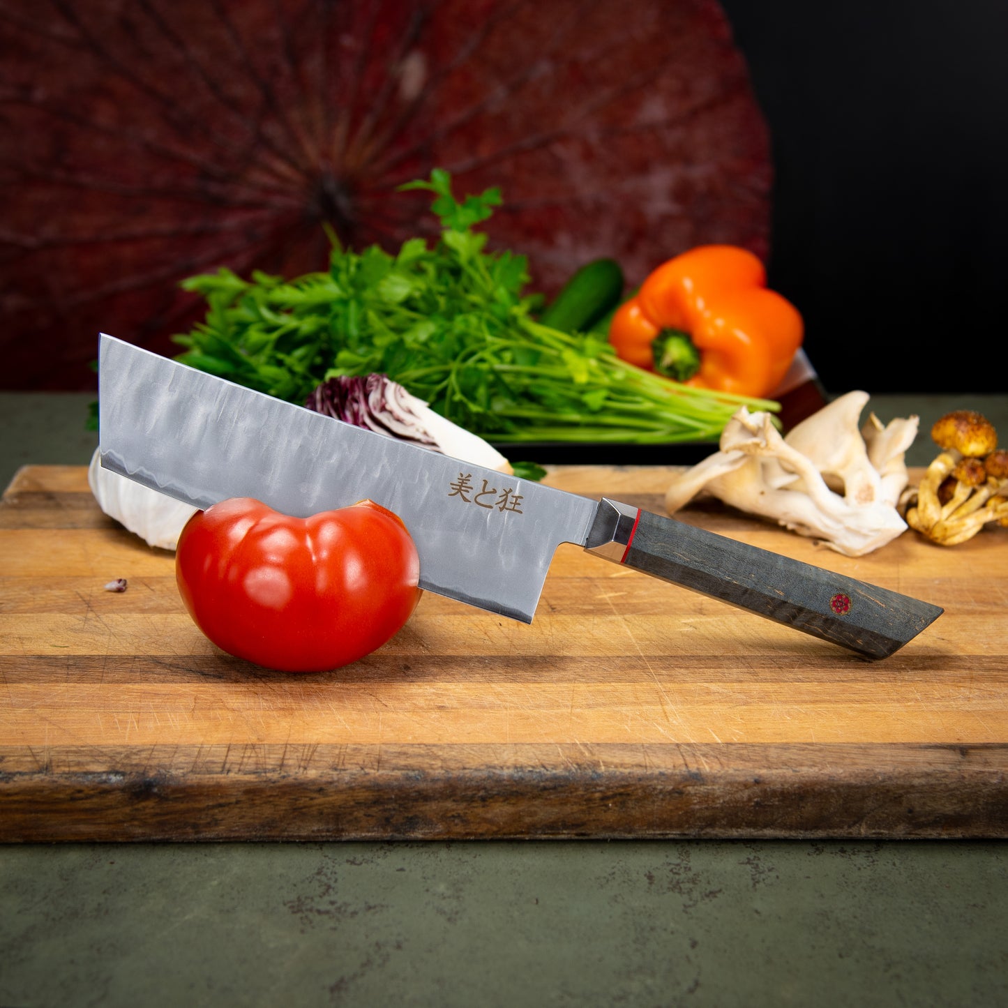 Hand Made 3-layer Steel Knife with a Grey Burl Wood Handle