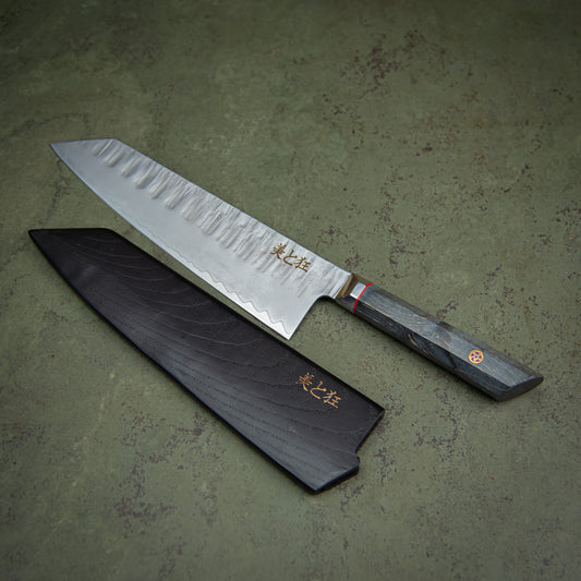 Couteau en acier triple couche fait main avec manche en loupe de bois gris