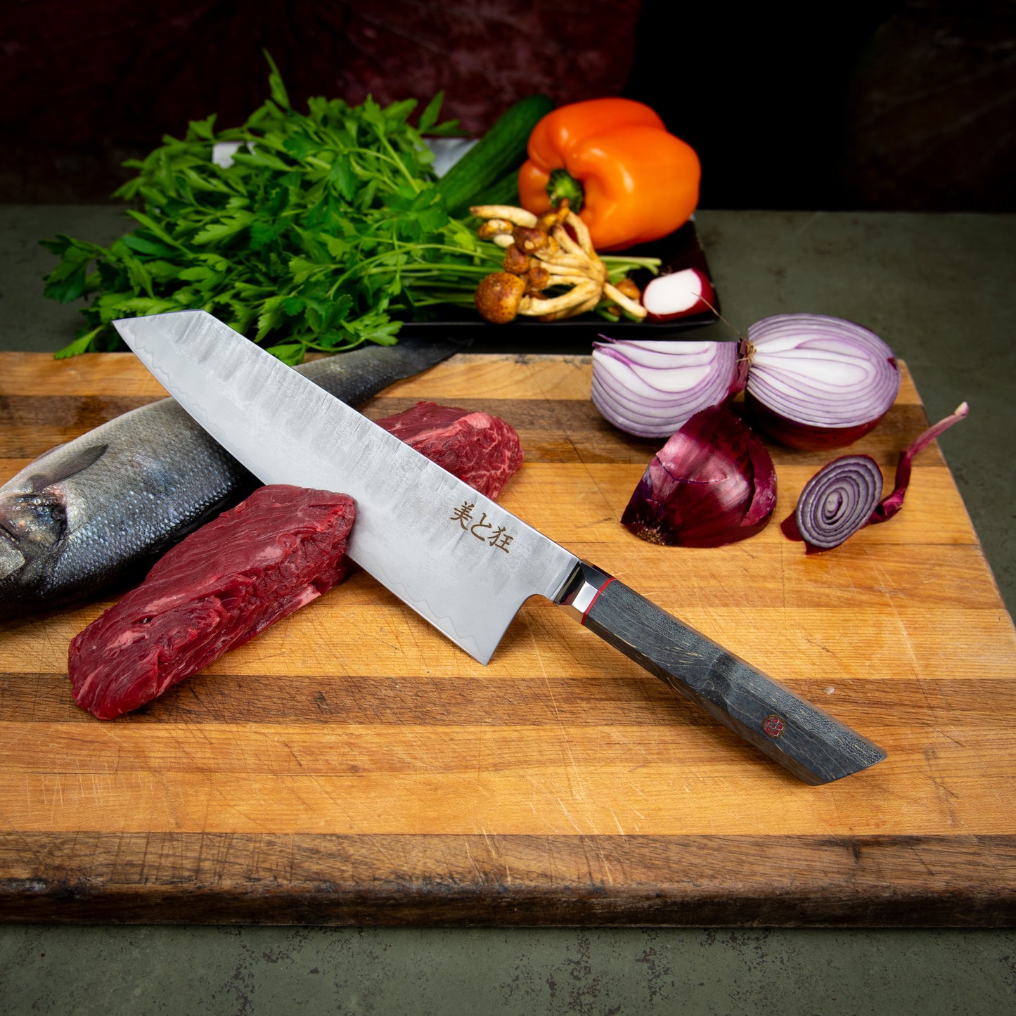 Hand Made 3-layer Steel Knife with a Grey Burl Wood Handle
