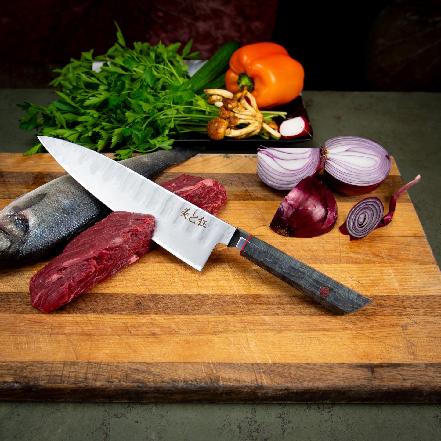 Hand Made 3-layer Steel Knife with a Grey Burl Wood Handle
