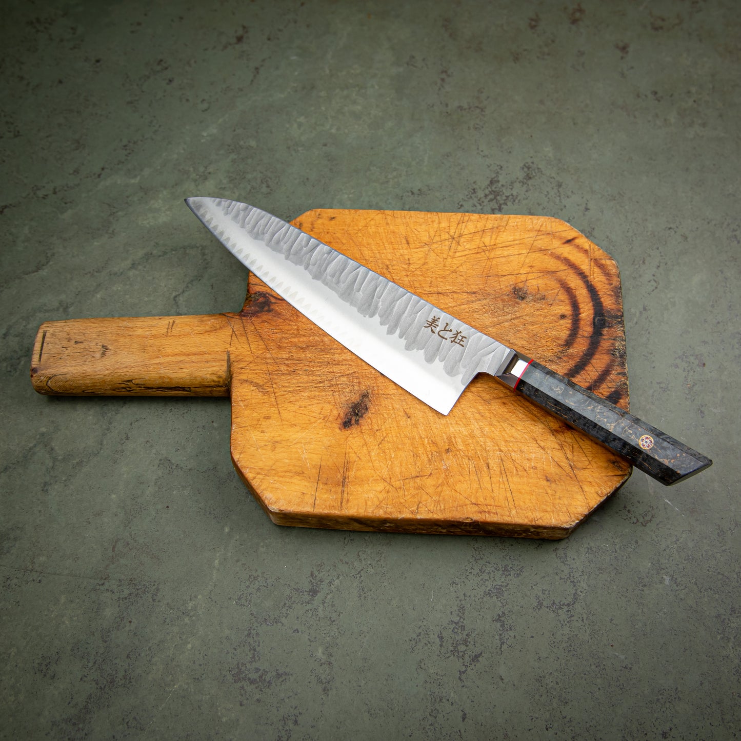Hand Made 3-layer Steel Knife with a Grey Burl Wood Handle