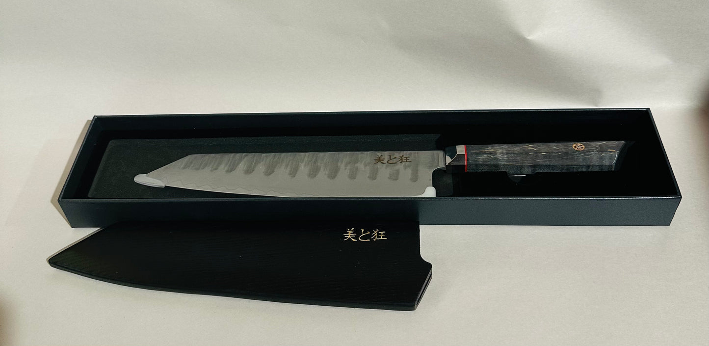 Hand Made 3-layer Steel Knife with a Grey Burl Wood Handle