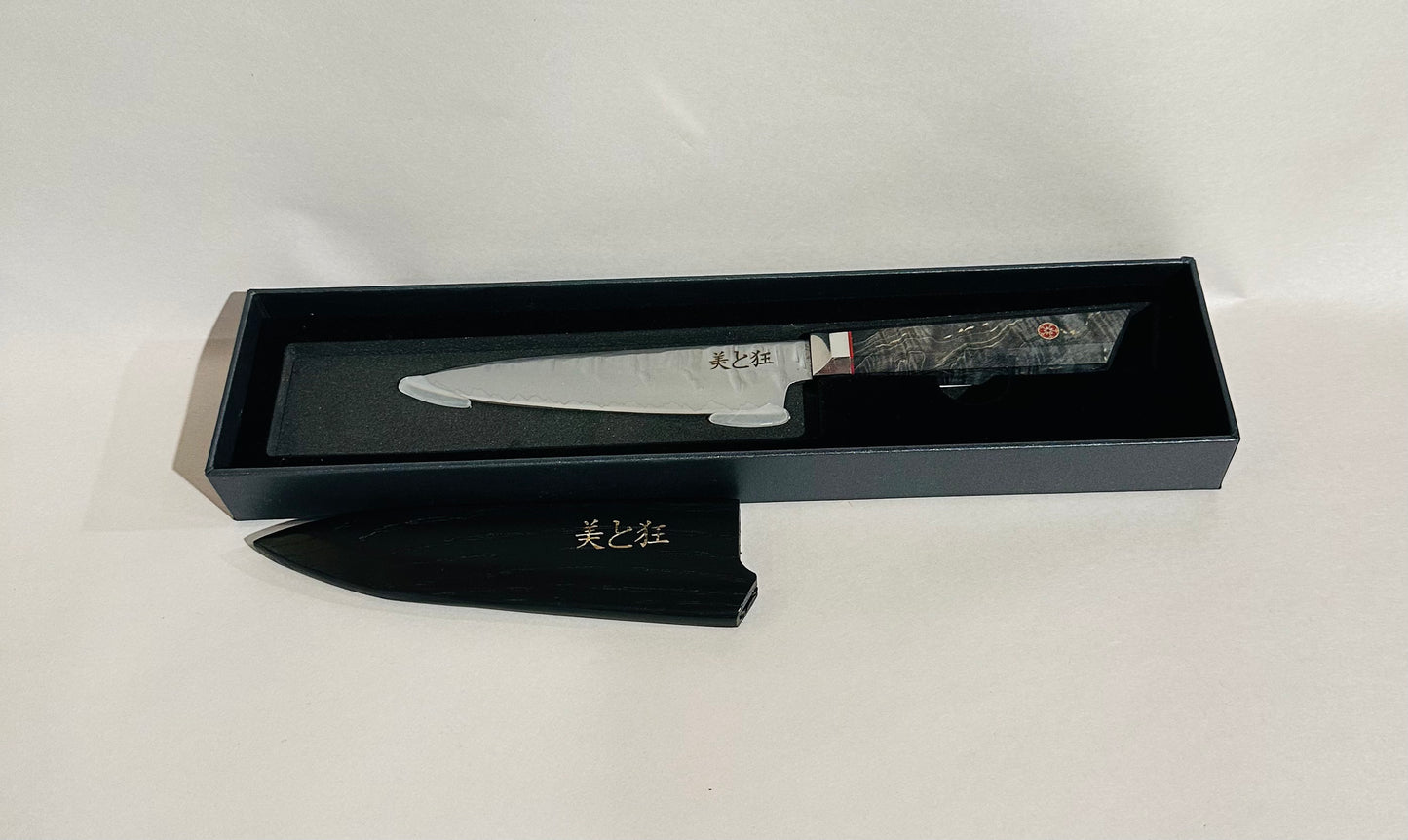 Hand Made 3-layer Steel Knife with a Grey Burl Wood Handle