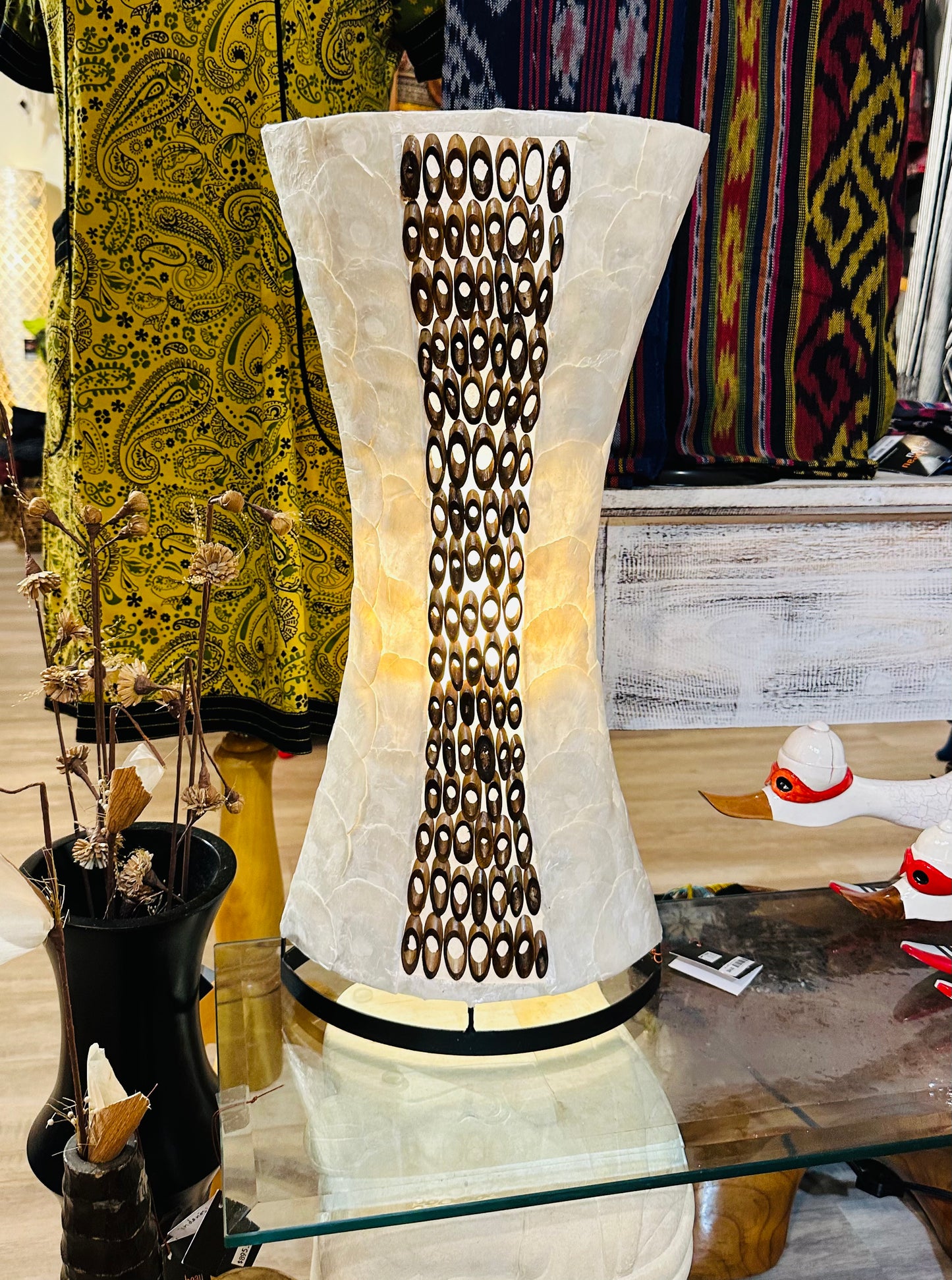 Hand Made Sandglass Shape Lamp with Mother of Pearl & Centered Line Bamboo