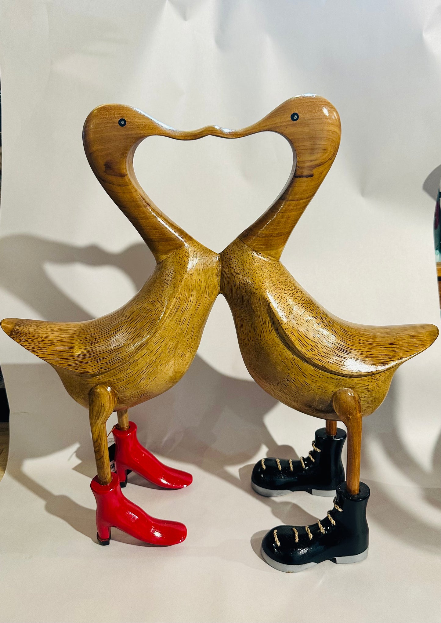 Hand Carved, Natural Wooden Sculpture of a Pair of Ducks in Love