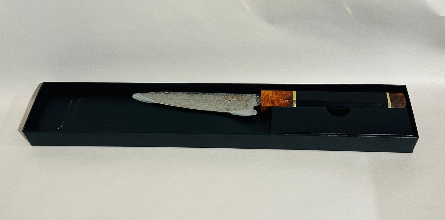Hand Made 110 Layer Damascus Steel knife with a Black Walnut & Burl Wood Handle