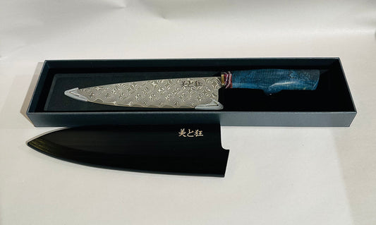 Hand Made 67-Layer Damascus Steel Knife with a Blue Spalted Maple & Antler Handle
