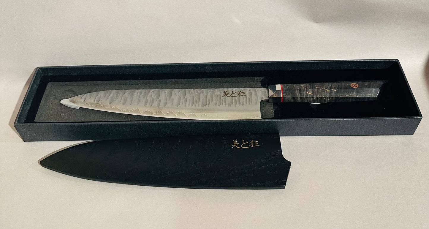 Hand Made 3-layer Steel Knife with a Grey Burl Wood Handle