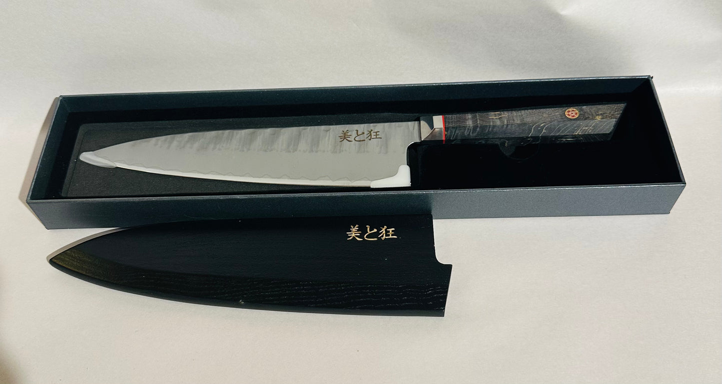 Hand Made 3-layer Steel Knife with a Grey Burl Wood Handle