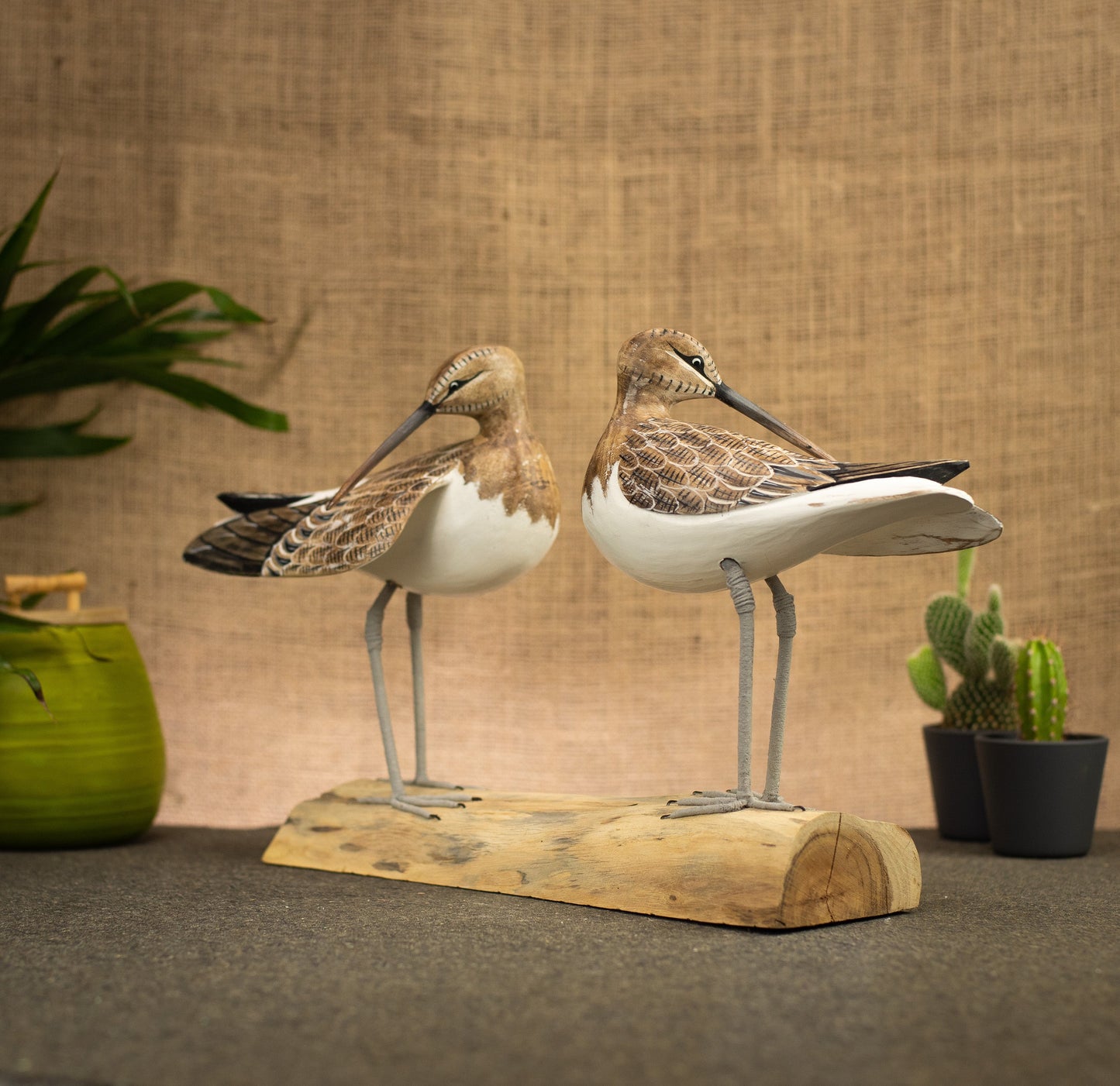 Hand Made Hand Painted Wooden Sculpture of a Pair of Curlew Sandpipers