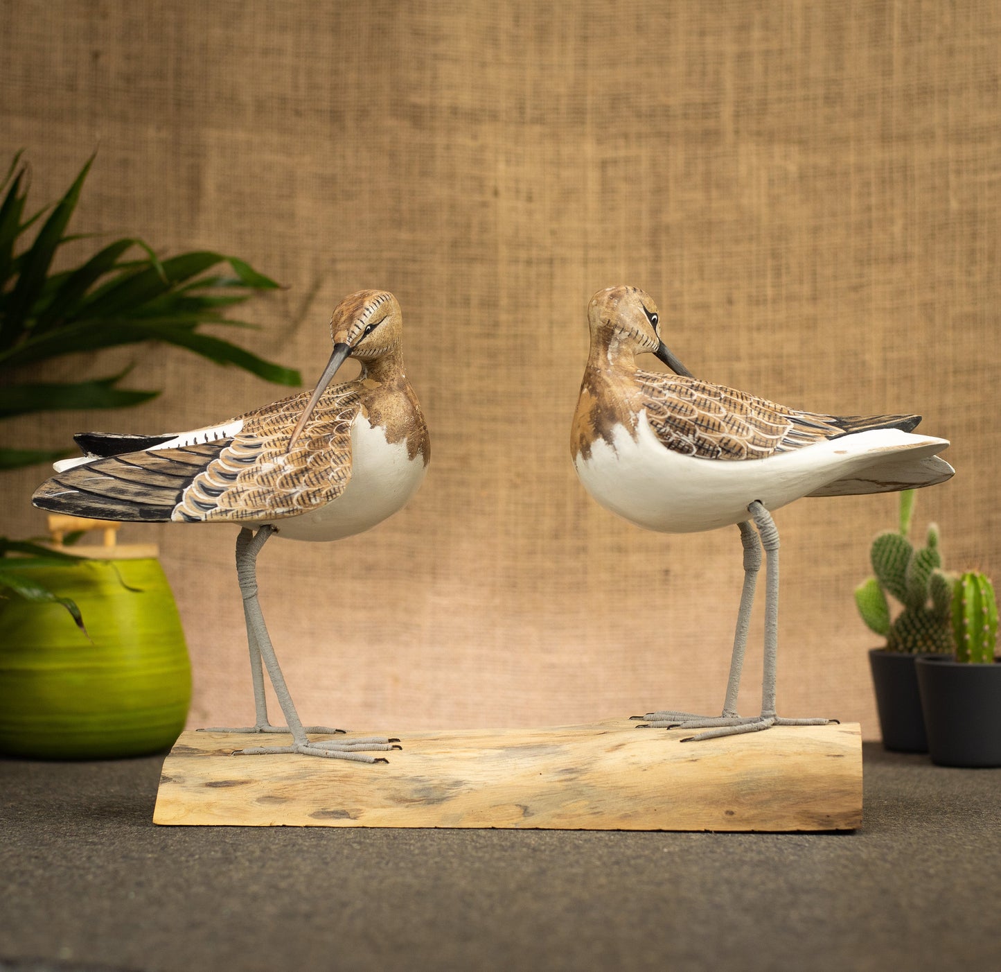 Hand Made Hand Painted Wooden Sculpture of a Pair of Curlew Sandpipers