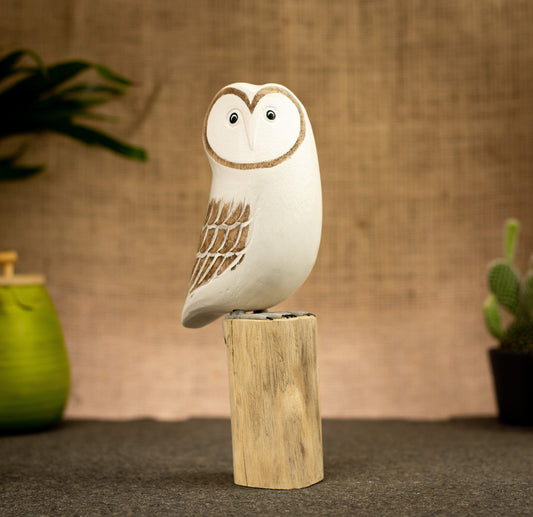 Hand Made Hand Painted Wooden Sculpture of a Snowy Owl
