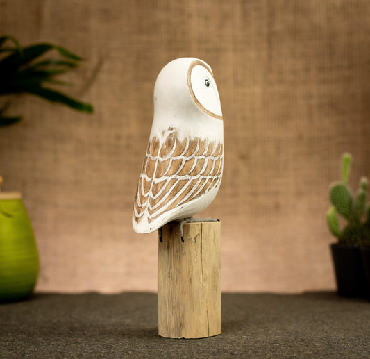 Hand Made Hand Painted Wooden Sculpture of a Snowy Owl