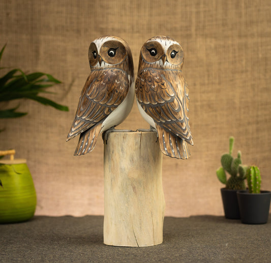 Hand Made Hand Painted Wooden Sculpture of a Pair of Barn Owls