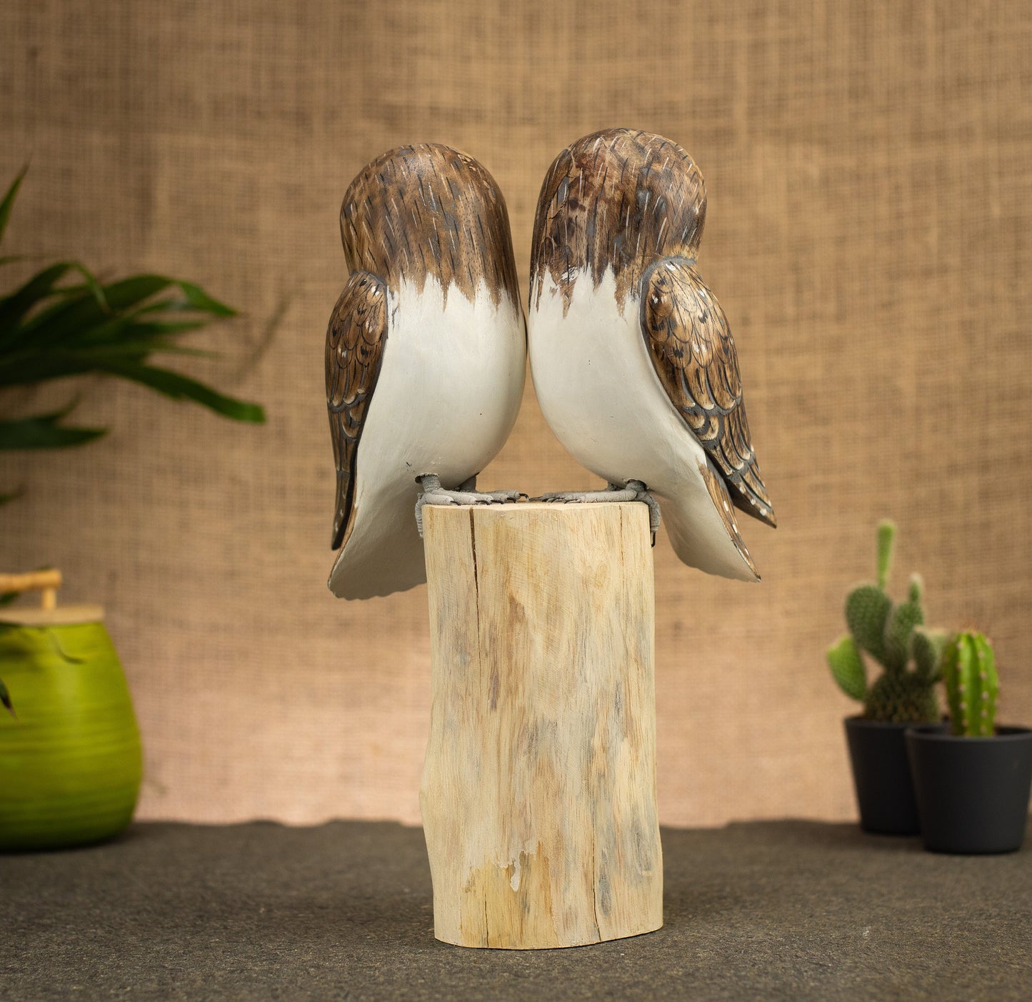 Hand Made Hand Painted Wooden Sculpture of a Pair of Barn Owls