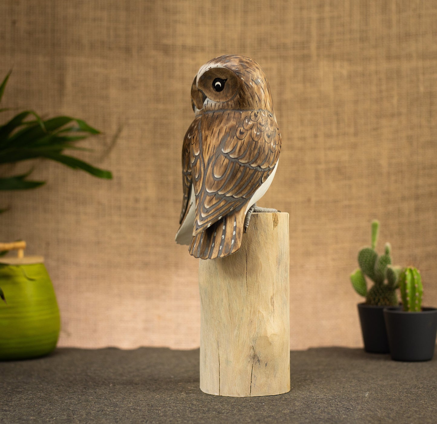 Hand Made Hand Painted Wooden Sculpture of a Pair of Barn Owls