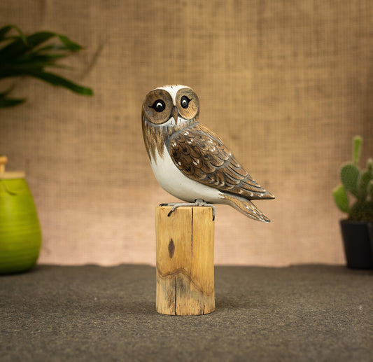 Hand Made Hand Painted Wooden Sculpture of a Barn Owl