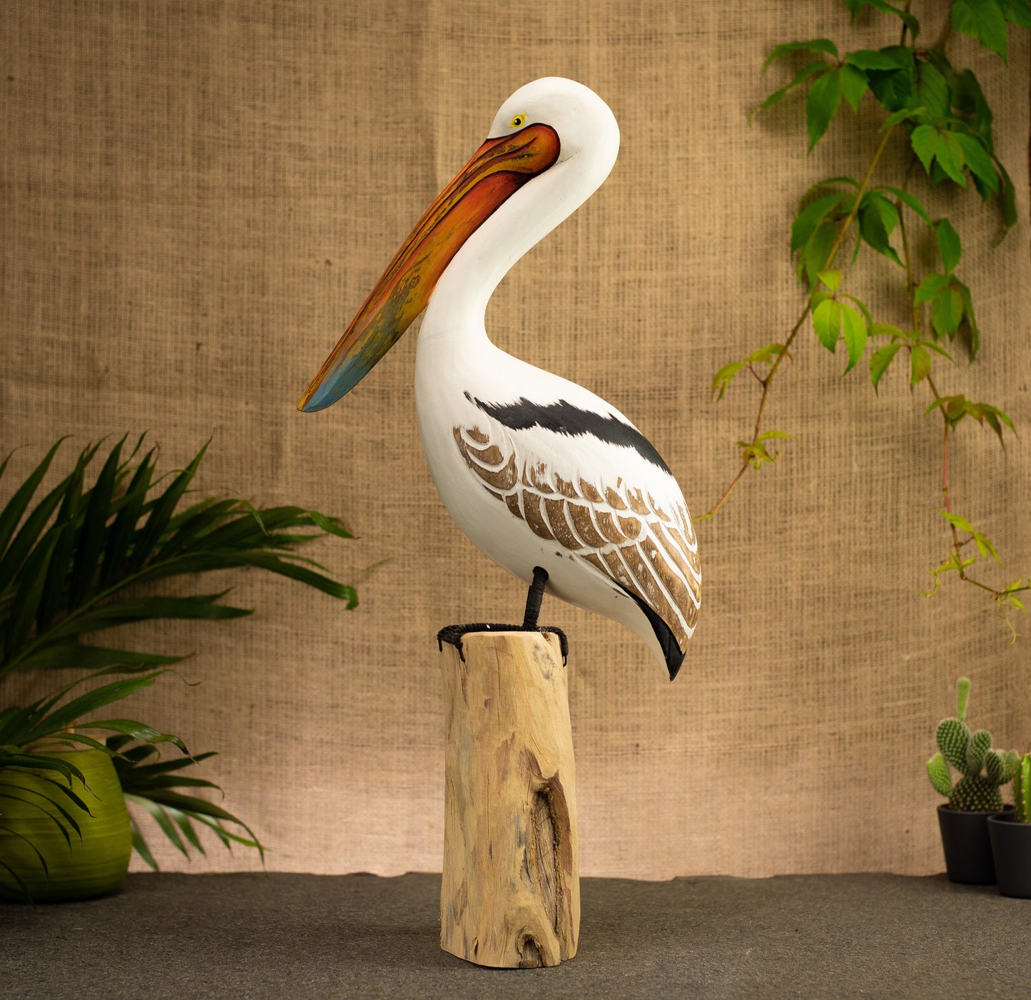 Hand Made Hand Painted Wooden Sculpture of a Great White Pelican