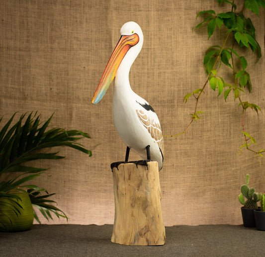 Hand Made Hand Painted Wooden Sculpture of a Great White Pelican