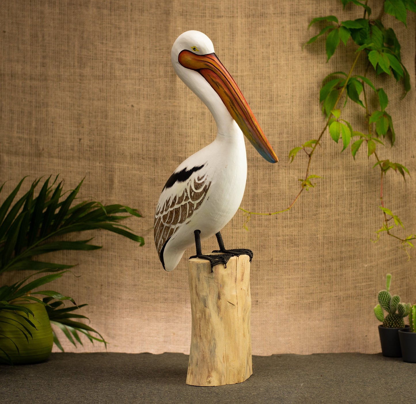 Hand Made Hand Painted Wooden Sculpture of a Great White Pelican