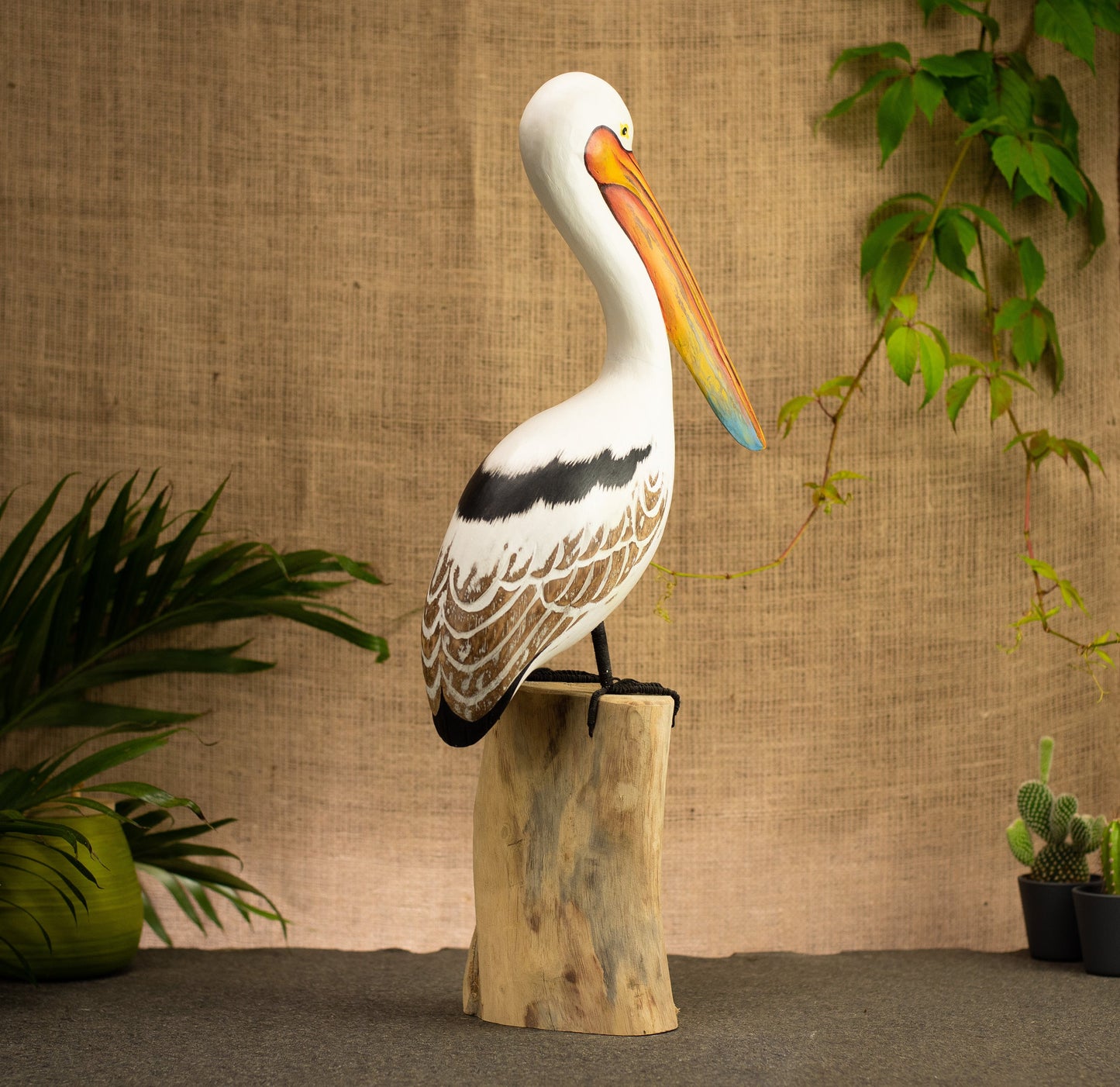 Hand Made Hand Painted Wooden Sculpture of a Great White Pelican