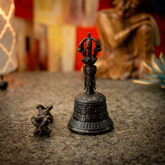 Black Embossed Buddhist Meditation Bell and Vajra Set