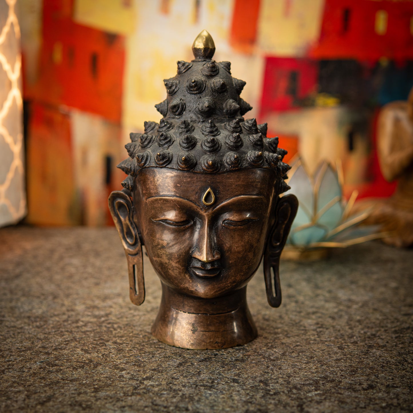 Buddha Head Statue in Aged Brass