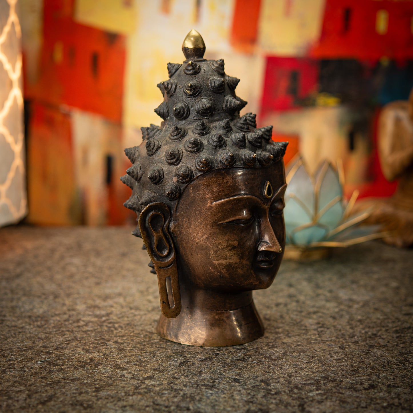 Buddha Head Statue in Aged Brass