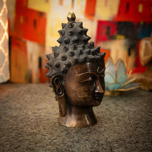 Buddha Head Statue in Aged Brass