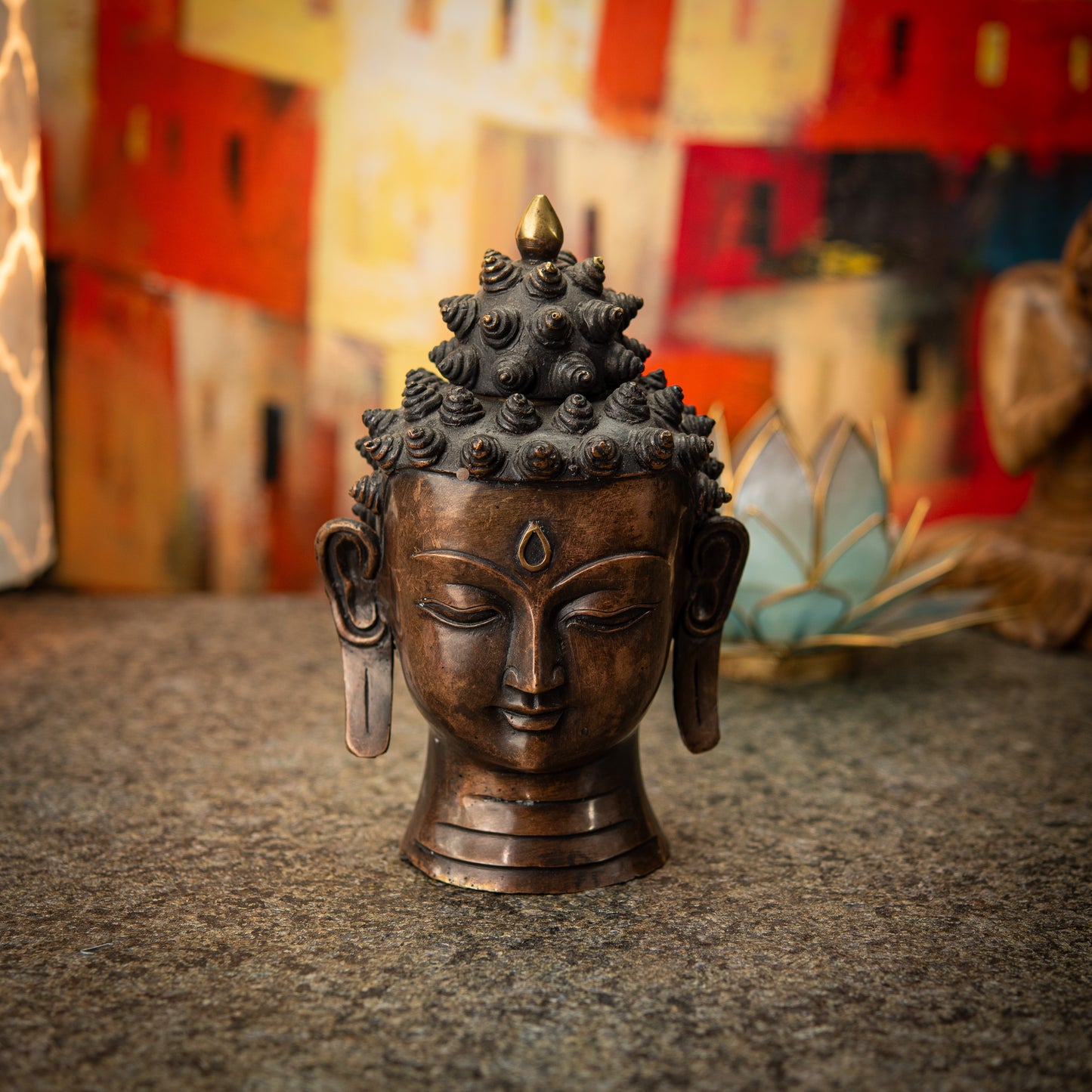 Buddha Head Statue in Aged Brass