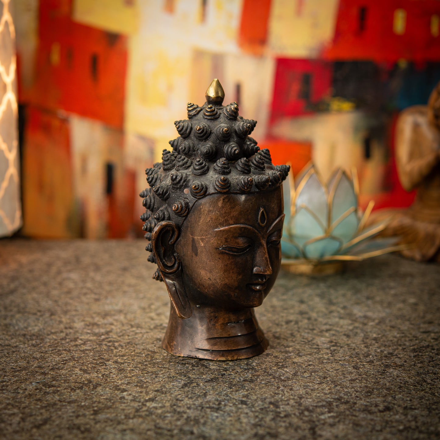 Buddha Head Statue in Aged Brass
