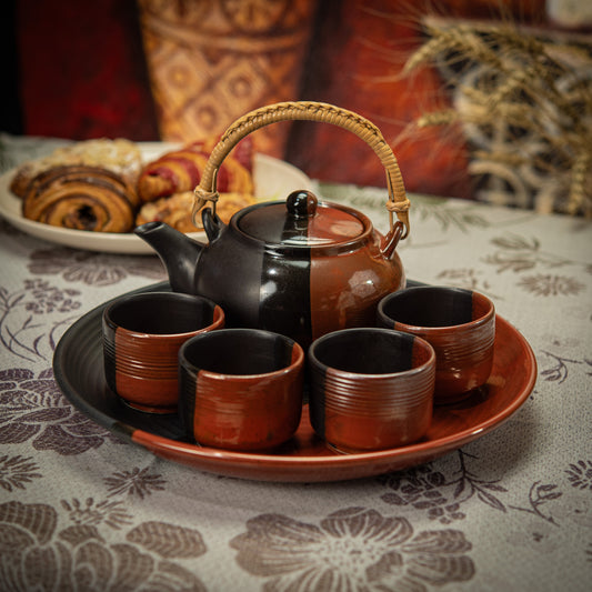 Satin Black and Red Ochre Tea Set with Plate & 4 Cups