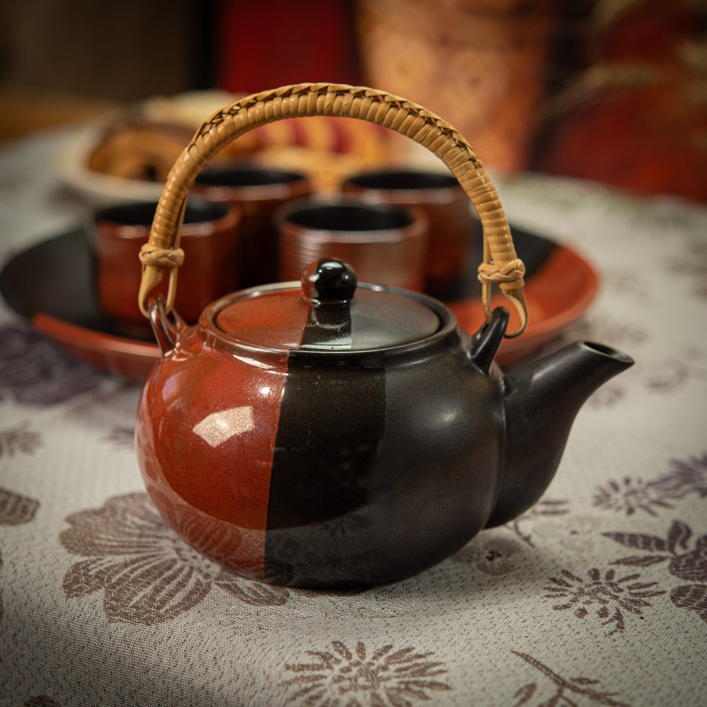 Satin Black and Red Ochre Tea Set with Plate & 4 Cups