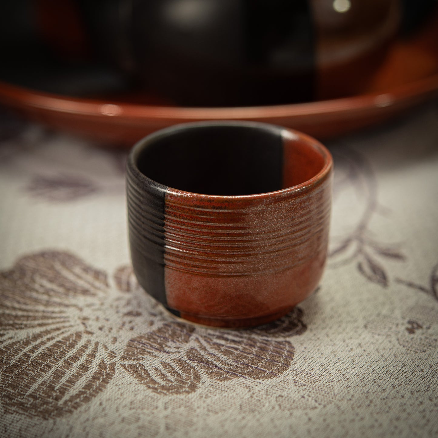 Satin Black and Red Ochre Tea Set with Plate & 4 Cups