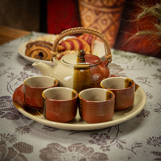 Beige, Brown and Red Ochre Tea Set with Plate & 4 Cups