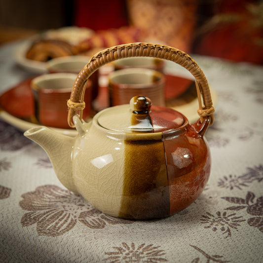 Beige, Brown and Red Ochre Tea Set with Plate & 4 Cups