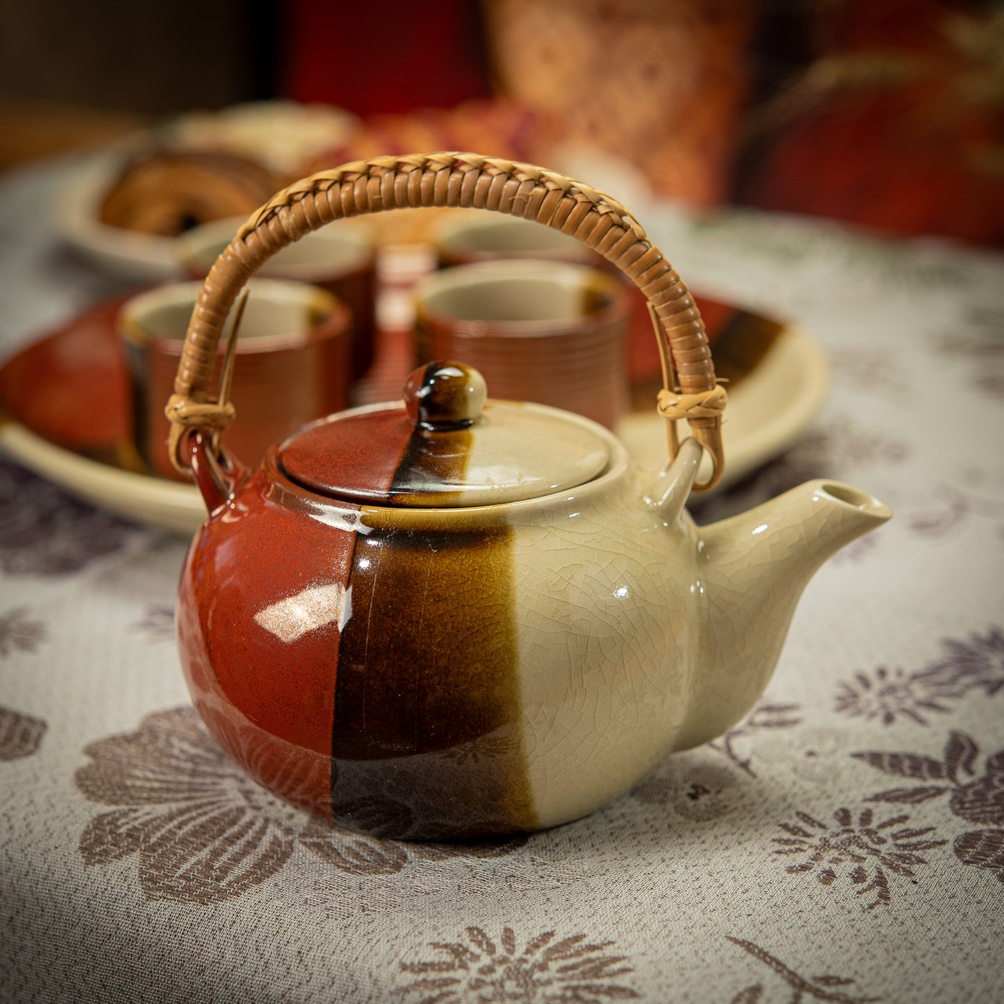 Beige, Brown and Red Ochre Tea Set with Plate & 4 Cups