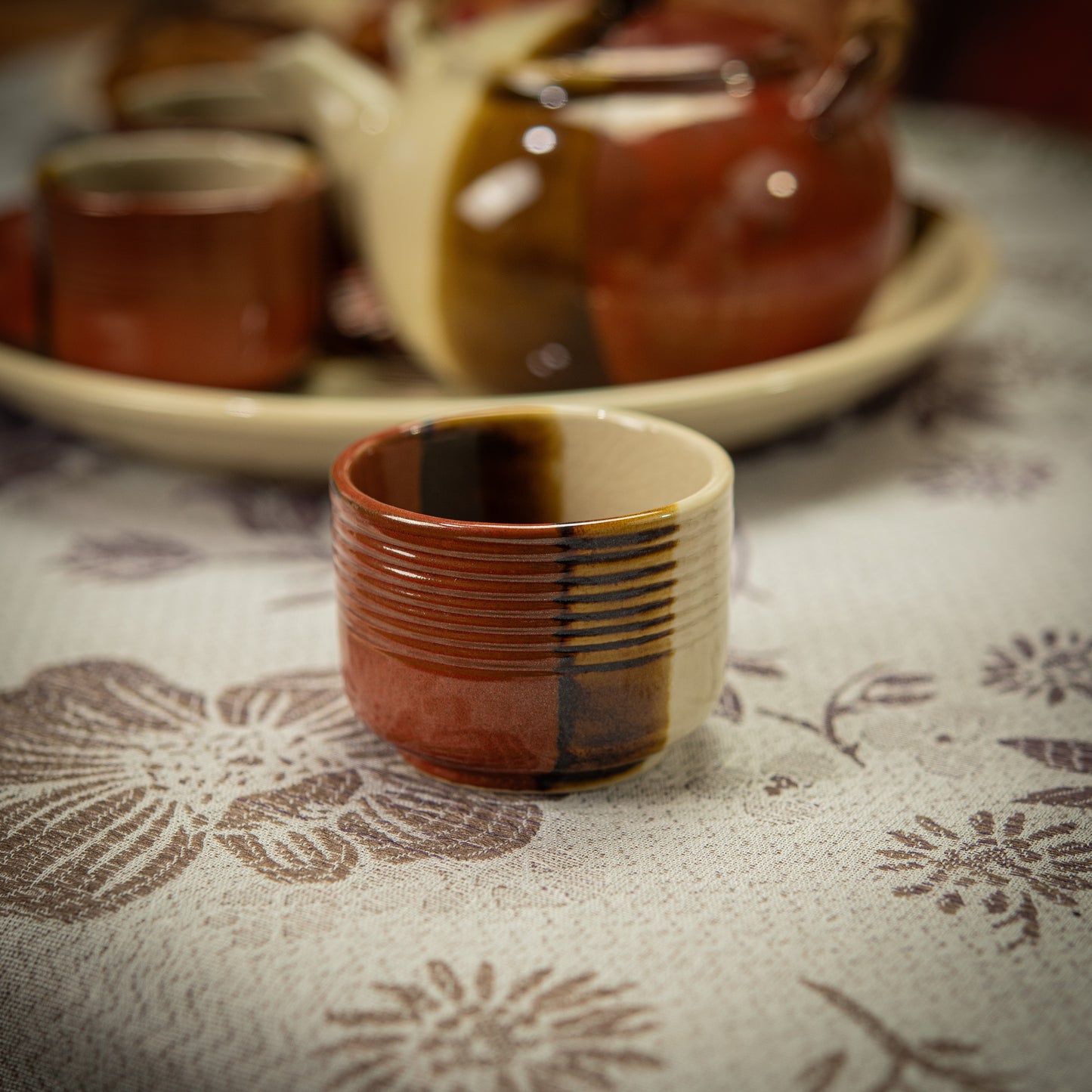 Beige, Brown and Red Ochre Tea Set with Plate & 4 Cups