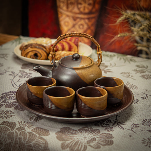 Satin Brown and Cream Tea Set with Plate & 4 Cups