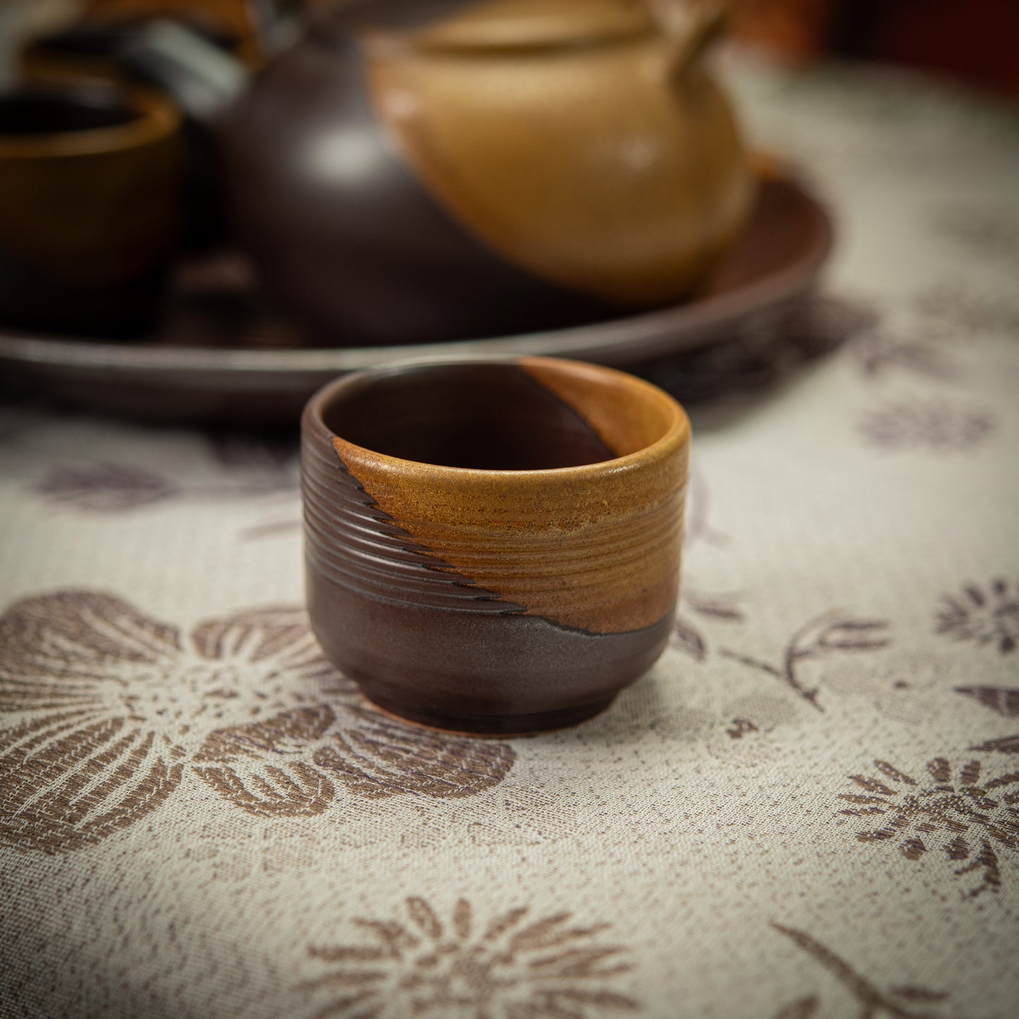 Satin Brown and Cream Tea Set with Plate & 4 Cups