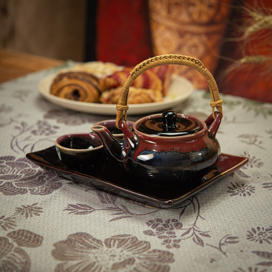 Small Black and Red Tea Set with Plate & 2 Cups