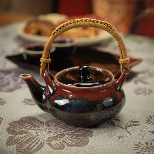 Small Black and Red Tea Set with Plate & 2 Cups