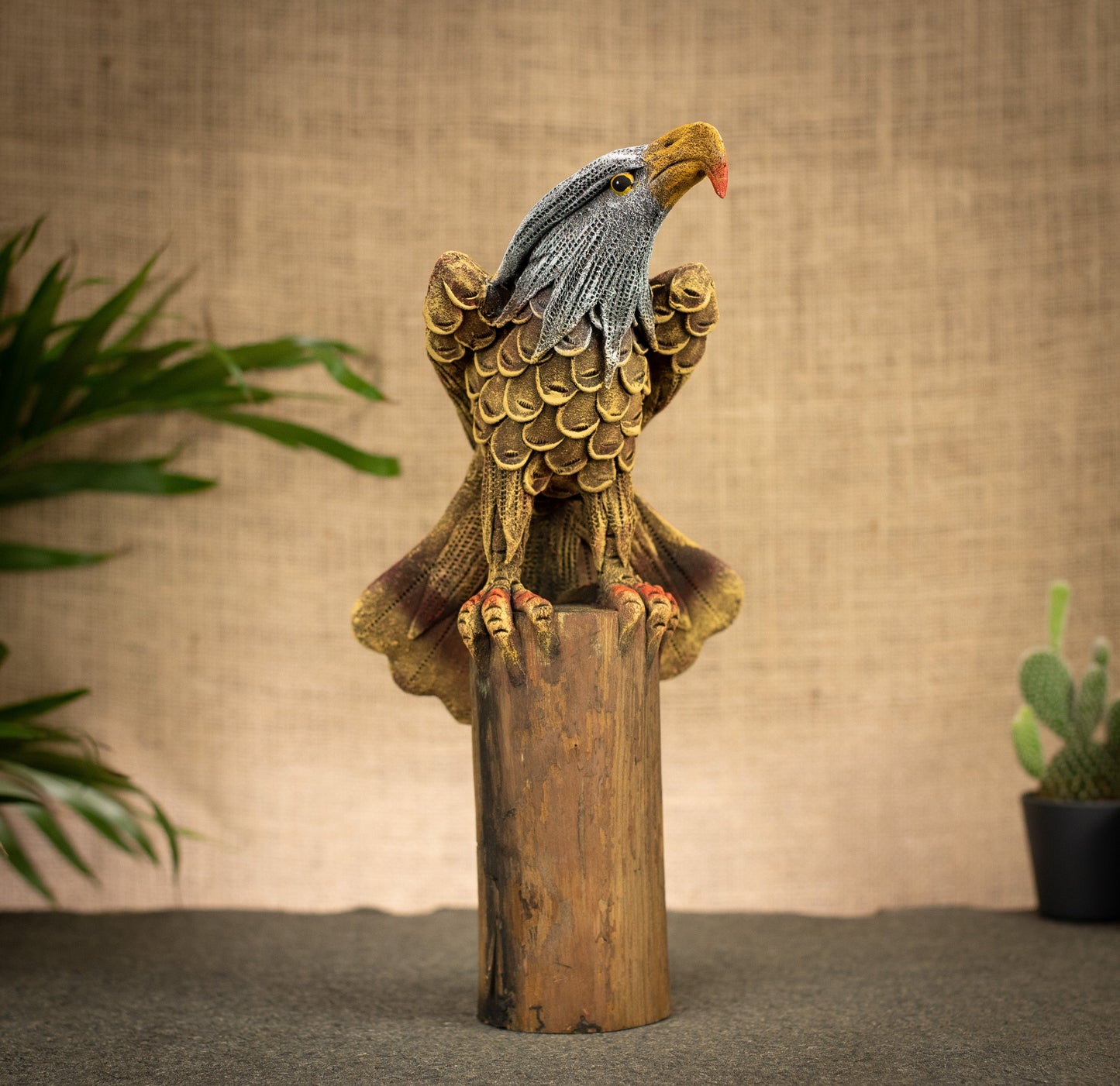 Hand Made Hand Painted Wood-Paste Eagle On A Stump